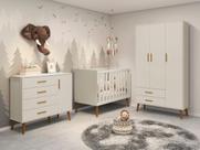 Quarto de Bebê Completo com Guarda Roupa 3 Portas 2 Gavetas, Cômoda 4 Gavetas e Berço Isis