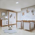 Quarto de Bebê Completo Gêmeos com Guarda-roupa, 2 Berços e Cômoda Gael Branco/Amadeirado