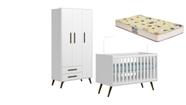 Quarto de Bebê Guarda Roupa e Berço Mini Cama com Colchão Q Encanto Retrô Branco - Móveis Leartam