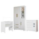 Quarto de Bebê Mini Berço com Colchão, Cômoda 1 Porta 4 Gavetas e Roupeiro Flocos 3 Portas 2 Gavetas