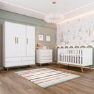 Quarto de Bebê Retrô Guarda Roupa 3 Portas Lorena Cômoda 4 Gavetas Berço 3 em 1 Branco Carolina Baby
