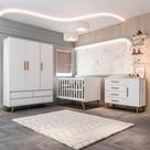 Quarto de Bebê Retrô Lorena Berço 3 em 1 Ludmila Guarda Roupa 3 Portas Cômoda Infantil com Porta Branco Carolina Baby