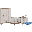 Quarto de Bebê Retrô Maya com Berço Americano Vitória Off White Carvalho com Colchão Ortobom Carolina