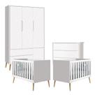 Quarto de Bebê Theo 3 Portas com 02 Berços e Cômoda Gaveteiro Branco Acetinado Pés Madeira Natural - Reller