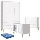 Quarto De Bebê Theo 3 Portas Com Colchão E Cômoda Gaveteiro Branco Acetinado Pés Madeira Natural