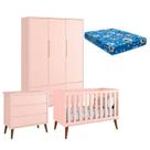 Quarto de Bebê Theo 3 Portas com Colchão e Cômoda Gaveteiro Rosa Pés Amadeirados Reller