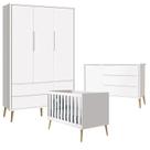 Quarto de Bebê Theo 3 Portas com Cômoda Branco Acetinado Pés Madeira Natural - Reller