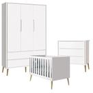 Quarto De Bebê Theo 3 Portas Com Cômoda Gaveteiro Branco Acetinado Pés Madeira Natural - Reller