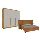 Quarto de Casal Guarda-Roupa 6 Portas Portugal e Cama Box Casal Monaco com Painel Espresso Móveis Bege/Cinamomo/Off White