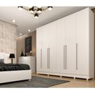 Quarto de Casal Roupeiro 6 Portas Portugal com Pés, Cama Casal Queen, Cabeceira e Cômoda 5 Gavetas