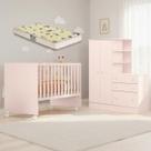 Quarto Do Bebê Completo Berço Colchão E Guarda Roupa 2 Portas 3 Gavetas Rosa Acetinado- Qmovi