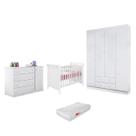 Quarto Infantil Branco Berço Americano Colonial c/ Colchão + Guarda Roupa Roupeiro e Cômoda MDF Flat Mel 4 Gv