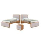 Quarto Infantil com 2 Camas Solteiro Loop Tecido Corano e Mesa de Cabeceira 2 Gavetas Loop Amêndoa Clean/Off White