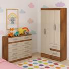 Quarto Infantil com Cômoda 10 Gavetas e Guarda-Roupa 4 Portas e 2 Gavetas Ninho Castanho/Off White