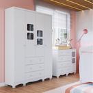 Quarto Infantil com Guarda Roupa 4 Portas e Cômoda 1 Porta com Janelas Mimo 100% Mdf Espresso Móveis Branco Brilho