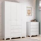 Quarto Infantil com Guarda-Roupa 4 Portas e Cômoda 4 Gavetas 100% MDF Mimo Espresso Móveis Branco Brilho
