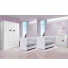 Quarto Infantil Com Guarda Roupa Ane 4 Portas, Cômoda e Berço Kit Gêmeos Branco