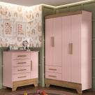 Quarto Infantil Completo Guarda Roupa 4 Portas 2 Gavetas com Cômoda Liz Rosa/Fosco/Nature