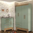 Quarto Infantil Completo Guarda Roupa 4 Portas 2 Gavetas com Cômoda Liz Verde/Fosco/Nature
