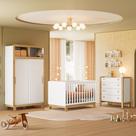Quarto Infantil Flora Guarda Roupa 2 Portas Correr, Comoda 4 Gavetas, Berço Branco Acetinado