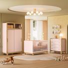 Quarto Infantil Flora Guarda Roupa 2 Portas Correr, Comoda 4 Gavetas, Berço Rosa Acetinado