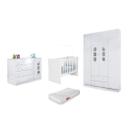 Quarto Infantil Guarda Roupa Roupeiro e Cômoda 100% MDF + Berço Mini Cama Doce Sonho Branco c/ Colchão