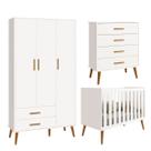 Quarto Isis Berço Americano 2 em 1 + Comoda Gaveteiro + Guarda Roupa Isis Retrô 3 Portas 2 Gavetas Branco Fosco - Reller