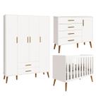 Quarto Isis Berço Americano 2 em 1 + Comoda Sapateira + Guarda Roupa Isis Retrô 4 Portas 2 Gavetas Branco Fosco - Reller
