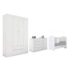 Quarto MDF Branco Flat Mel Guarda Roupa Roupeiro + Cômoda + Berço Mini Cama