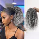 Rabo de cavalo curto cinza com cordão, extensões de cabelo cinza encaracolado, clipe em pedaços de cabelo sintéticos para mulheres negras, pãezinhos d