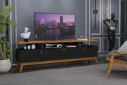 Rack ABS 1.80m Estilo Retrô Com Pés em Madeira e Puxadores em Couro Para TV Até 70'' 3 Portas Cor Nature/Preto