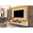 Rack Bancada c/ Painel p/ TV até 70 Polegadas Treviso Ripado 100% MDF Led 210x180cm Bali/Cedro - DJ Móveis Rack Bancada c/ Painel p/ TV até 70 Polegadas Treviso Ripado 100% MDF Led 210x180cm Bali/Cedro - DJ Móveis