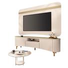 Rack Bancada Elara e Painel Armony Off White Champanhe com Mesa de Centro Sky com tampo de Vidro Off White - HB Móveis