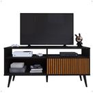 Rack Bancada Home Samba Estante Tv 55 Polegadas Nicho Organizador Porta Correr Sala Quarto Pequeno Retrô - Preto/Ripado - RPM