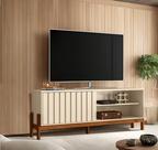 Rack Bancada New Aurora para TV até 75 Polegadas com Porta Ripada Deslizante Nichos e Base Elevada Design Moderno Amadeirado para Sala de Estar