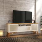Rack / Bancada / Retrô DAR Pés em Madeira Maciça para TV Até 75'' Cor Off White / Cedro e Portas com Acabamento em Rattan