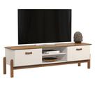 Rack Bancada Sala De Estar para Tv de até 60 Polegadas com Puxadores em Couro e Pés em Madeira Maciça 2 Portas Sonetto 1,60m - Offwhite/Freijó
