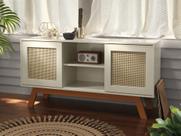 Rack Buffet Com Duas Porta De Correr Rattan Pés Em Madeira Off White - Ofertamo