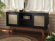 Rack Buffet Com Duas Porta De Correr Rattan Pés Em Madeira Preto - Ofertamo
