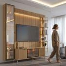 Rack com Painel para TV até 85" 6 Prateleiras e Cristaleira 1 Porta Vidro Reflecta e LED Neon Float 254cm Carvalho c/ Champanhe