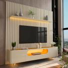 Rack com Painel para TV Até 85 Polegadas Nobre 2 Portas Ripado 100% Mdf com Vidro Off White/Naturale - Gelius
