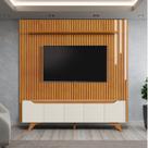 Rack com Painel Ripado para TV até 75 Polegadas com LED MDF 227,6cmx217cm Pés em Madeira Maciça Led Grécia Paris