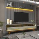 Rack com Painel Ripado para TV até 85 Polegadas com LED e Vidro 3 Gavetas com Pés de Madeira Nobre Requinte Gelius