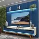 Rack com Painel Ripado para TV até 90 Polegadas com LED 100% MDF 228,8cmx308cm Pés em Madeira Maciça 3 Gavetas Nobre