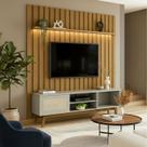 Rack com Painel Ripado Retrô com LED MDF 177cmx218cm Pés em Madeira Maciça London 70” Panamá Porta Deslizante