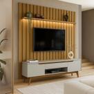 Rack com Painel Ripado Retrô com LED MDF 177cmx218cm Pés em Madeira Maciça London Tóquio com Gaveta e Portas