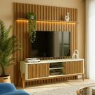 Rack Painel Ripado com LED MDF 177cmx218cm London 70” Sereno 160 Portas Deslizantes Marrom Off White Bege/Cedro Freijó Acetinado