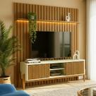 Rack Painel Ripado com LED MDF 177cmx218cm London 70” Sereno 160 Portas Deslizantes Marrom Off White Bege/Cedro Freijó Acetinado Rack Painel Ripado com LED MDF 177cmx218cm London 70” Sereno 160 Portas Deslizantes Marrom Off White Bege/Cedro Freijó Acetinado
