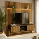 Rack Painel Ripado LED MDF 177cmx218cm 70” + Sereno 1600 com Portas Deslizantes London Marrom Preto Acetinado/Cedro Freijó