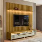 Rack Painel Ripado para TV até 70 Polegadas com LED MDF 177cmx218cm Conjunto Gavetas Rodízios . Marrom Cedro/Freijó/Off White